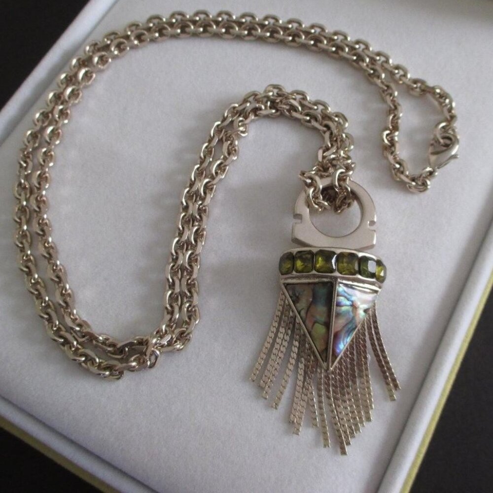 SAM EDELMAN SPEAR SHAPED GREEN RHINESTONES ABALONE SHELL CHAIN DANGLE PENDANT